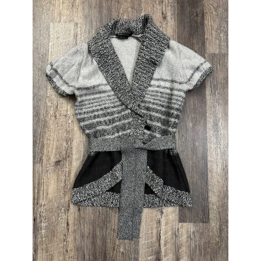 BCBGMAXAZRIA Womens Merino Wool Blend Short Sleeve Wrap‎ Cardigan Sweater Grey L
